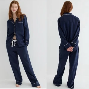 J crew End-On-End Cotton Long-Sleeve Pajama Set Navy Blue XS Comfort Coastal - Picture 1 of 10