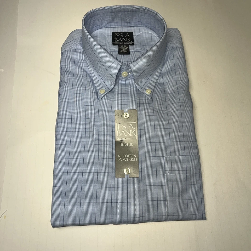 Camisa de vestir Jos A Bank Traveler 16-33 tradicional azul claro a cuadros nueva con etiquetas Foto 1 de 4