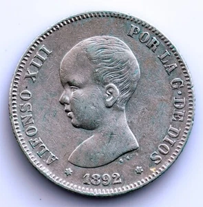 S.C. Espagne-Alfonso XIII. 2 Pesetas 1892*18-92 PGM. Madrid. Argent 10 G. Rare - Picture 1 of 2