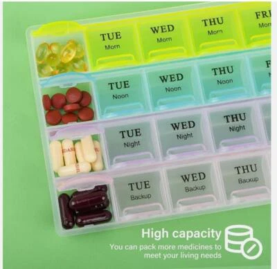Extra Large Weekly Pill Organizer Medicine Cases Boxs Fit Vitamins 2 Times A Day - Image 1 of 4