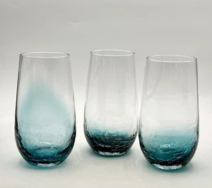 Pier 1 Teal Blue Crackle Highball Tumbler Glasses - Set of 3 - 16 oz - Retired - Picture 1 of 11