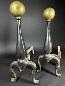Old Iron & Brass Canon Ball Colonial Style Andirons As Is - Picture 1 of 11