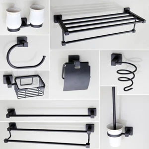 Black Bathroom Wall Mount Towel Rack Towel Ring Hair Dryer Holder Accessories - Picture 1 of 54