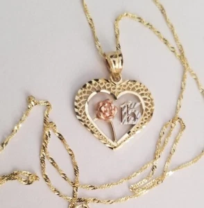 14k Real Solid Tri Tone Gold quince 15 anios Heart Flower Pendant - Picture 1 of 7