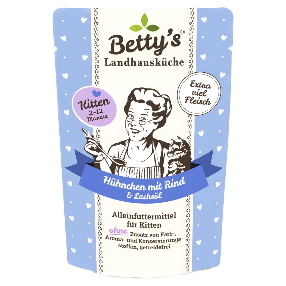 Bettys Landhausküche Kitten Hühnchen m. Rind & Lachsöl 12 x 100 g, UVP 20,28 EUR - Bild 1 von 1