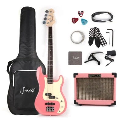 Pink color  electric pj bass set with amplifier gigbag strap string cable picks - Image 1 of 4