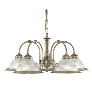 5 Lights Antique Brass Frame Ceiling Fitting Pendant with Ribbed Glass Shades - Picture 1 of 1