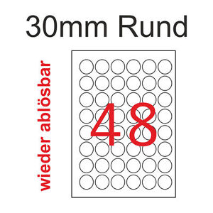 30mm rund Etiketten wieder ablösbar 240 Aufkleber weiß 5 Blatt A4 non permanent