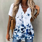 Womens Printed V-Neck Tunic Tops T-Shirts Ladies Summer Short Sleeve Tee Blouse