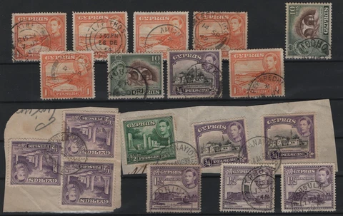 CYPRUS 1938/50s 14 DIFFERENT RURAL POSTMARKS ON 1938s ISSUES STAMPS Cover