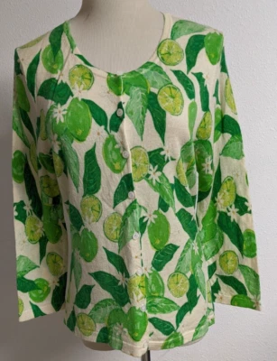 Beautiful GARNET HILL 100% Merino Wool Floral Lime Print Cardigan Sweater SM - Image 1 of 4