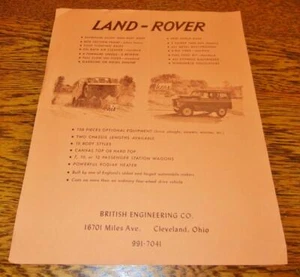 HOJA DE FOLLETO DE VENTAS DE LAND ROVER DE COLECCIÓN BRITISH ENGINEERING CO. CLEVELAND, OHIO - Imagen 1 de 2