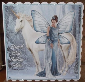 HANDMADE PERSONALISED FANTASY PAGAN BIRTHDAY CARD A WINTER FAIRY & UNICORN - Picture 1 of 4
