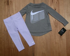 Nike Toddler Girl Long Sleeve Dri-Fit Top & Legging Set ~ Gray & Lavender ~ 2T ~ - Picture 1 of 3