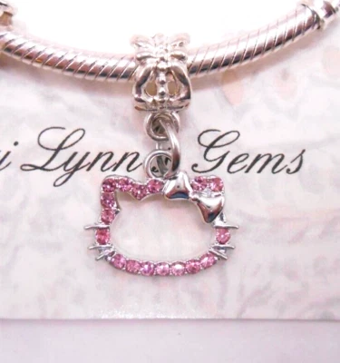 SILVER BOW LOVE MY PINK CZ KITTY CAT BRACELET CHARM DANGLE BEAD & POUCH! - Image 1 of 4