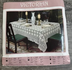 VTG Victorian Hand Crochet Beige Medallion Lace Table Cloth Oblong 68x86 - Picture 1 of 6
