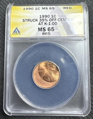 1990 Lincoln Cent  Struck 35% Off-Center ANACS MS 65 Red Lincoln Error Coin  - Image 1 of 4