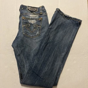 Rerock for Express Boot Cut Distressed Las Angeles Denim Jeans Blue Size 4R - Picture 1 of 15