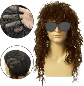 Herren Perücke 80er 90er Rockstar lang braun Haare Rocker Hippie Kostüm Halloween - Bild 1 von 7