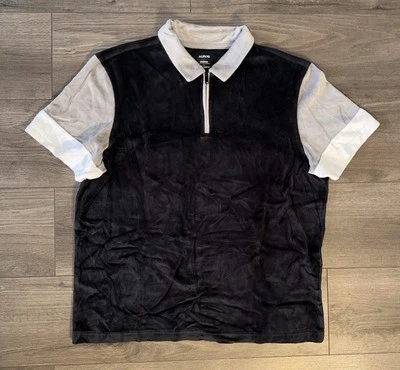 Alfani 1/4 Zip Short Sleeve Suede Polo Shirt Mens L Large Black Gray Stretch Fit - Image 1 of 4