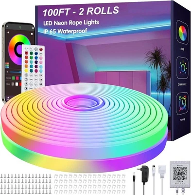 100Ft LED Neon Rope Lights with App and Remote Control, IP65 Waterproof Neon Str - Image 1 of 4