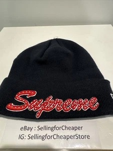 NEW Supreme New Era Script Beanie Navy / Red Logo with Diamonds FW18 2018 - Picture 1 of 4