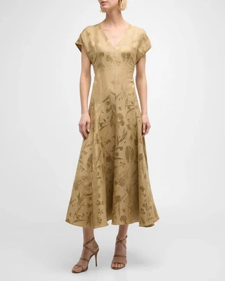 Lafayette 148 new york New flora jacquard Linen Blend Dress khaki $1998, sz L - Image 1 of 4