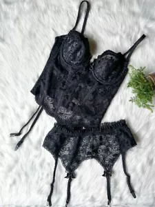 Vintage Victoria Secret Schwarz Spitze Korsett Bustier & Strumpfband Set 36C Gold Label - Bild 1 von 5