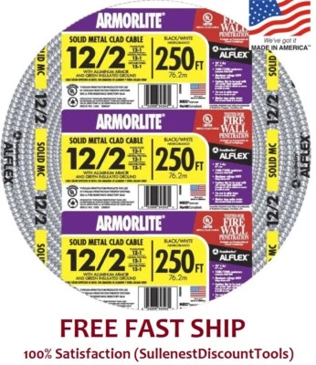 Southwire Armorlite 250ft 12/2 Solid Aluminum MC Cable Wire Wet Hazard Condition - Image 1 of 2
