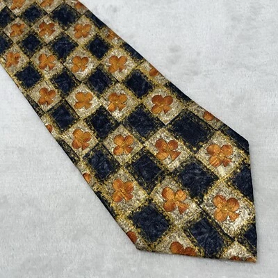 Murano 100% Silk Tie Necktie Clubs Shamrock Card Playing Designer Gold Navy USA - Image 1 of 4