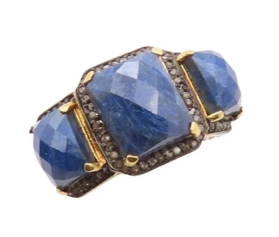 925 Sterling Silver Vintage Ring Diamonds & Blue Gemstones Inlay  Sz 8  RG31070 - Image 1 of 4