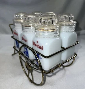 Barattoli spezie vintage vetro Atlas vetro latte 6 colombe olandese su portafilo anni 50 USA - Foto 1 di 24