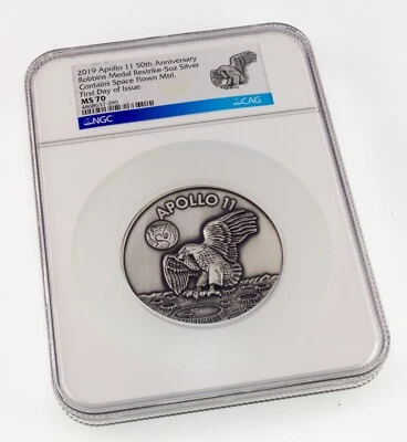 2019 Apolo 11 50th Aniversario Robbins Medalla Con 5 OZ NGC MS70 Fdoi W/ Caja - Imagen 1 de 4