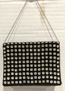 VTG 1930'S ART DECO RHINESTONE EVENING BAG. BLACK SILK FILE SILVER CHAIN, 4 X3 - Picture 1 of 5