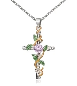 Cross Flower Rhinestone Pendant Necklace Fashion Silver Color Green Leaf Women - Picture 1 of 2