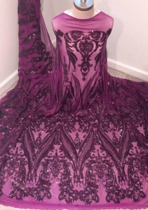 Purple 4way stretch sequin Lace fabric 50” Width Sold By The Yard - Picture 1 of 2