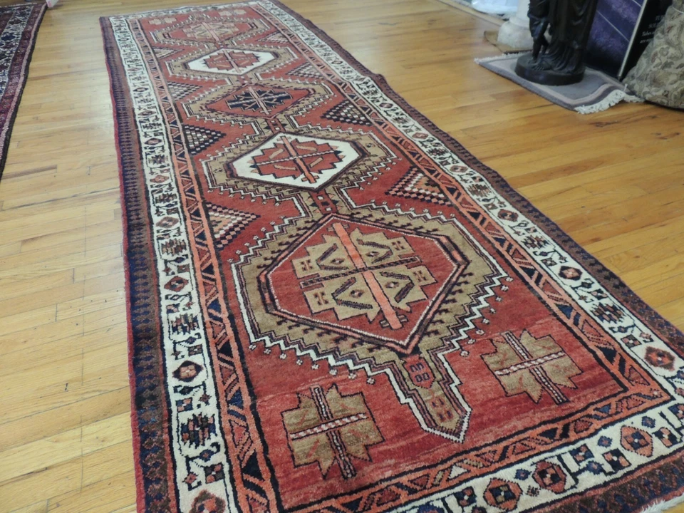 3x11 Herize Kazak WIDE RUNNER Oriental Rug wool Rust Beige Navy Gold - Image 1 of 4