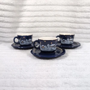 Waechtersbach Demitasse Cup Saucer Set of 3 Winter Dreams Cobalt Blue Gold Vtg - Picture 1 of 10