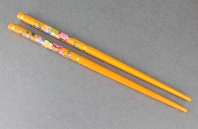 Orange hair sticks set of 2 floral wood chop picks pins flower print 7" long - Image 1 of 4