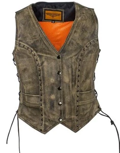 WOMENS MOTORCYCLE CLASSIC DISTRESSED BROWN BIKER STUDED LACE SIDE LEATHER VEST  - Picture 1 of 10