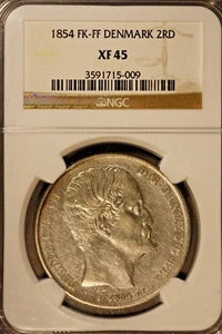 1854 FK FF Denmark 2 Rigsdaler NGC XF 45  - Picture 1 of 4