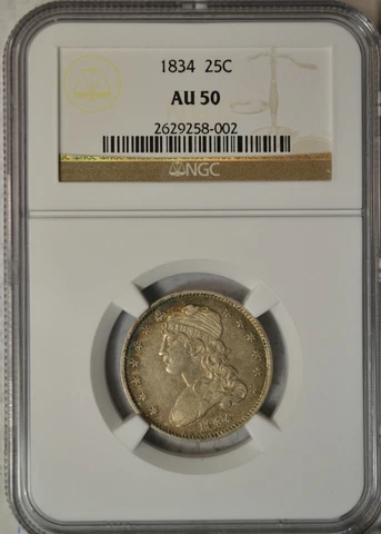 1834 Capped Bust quarter, NGC AU50..........Type Coin Company Cover