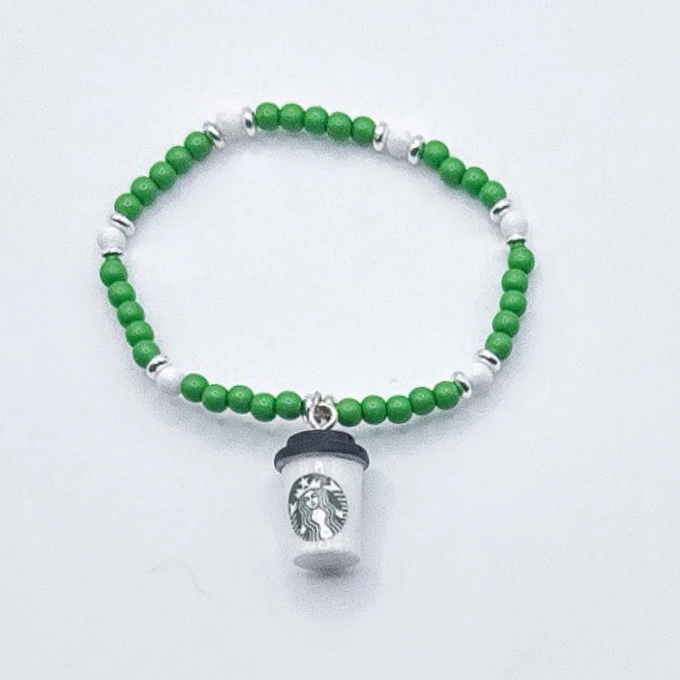 Pulsera taza café Starbucks con cuentas de vidrio verde y blanco y plata Foto 1 de 1