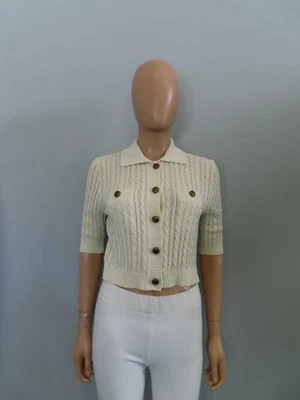 Prada Ecru Cable Knit Gold Button Down 3/4 Sleeve Cardigan Sz.38/ US 2 - Image 1 of 4