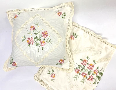 Vintage Handmade Embroidered Cushion Cover Set x4 – Lace Crochet Retro Floral - Image 1 of 4