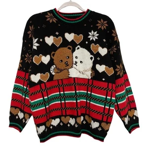 Vintage Womens Knit Bears Hugging Winter Plaid Tartan Kawaii Fairy Kei Sweater - Picture 1 of 5