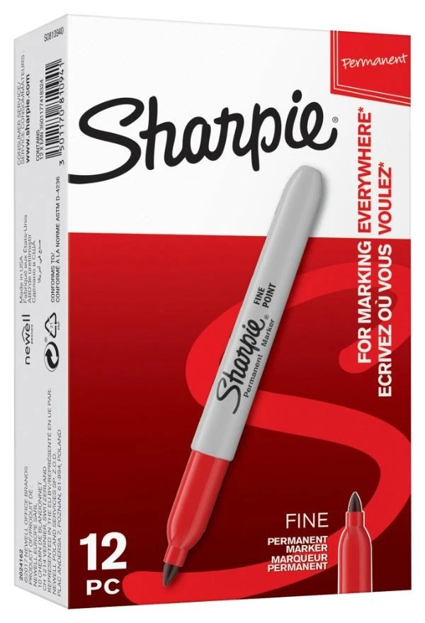 SHARPIE - Fine Bullet Tip Permanent Marker Pens - Pack of 12 (Red) - Image 1 of 1