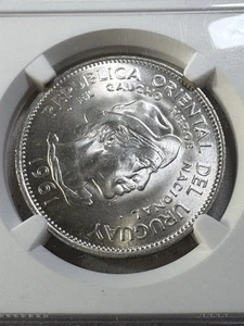 1961 Uruguay 10 Pesos Silver Coin Graded MS 66 by NGC Revolution Commemorative - Picture 1 of 8