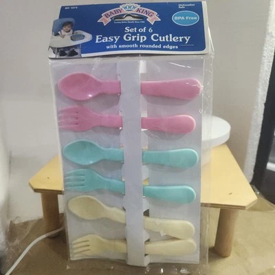 Juego de 6 cubiertos Baby King Easy Grip 2011 2 cuchara tenedor rosa pastel amarillo verde Foto 1 de 4