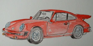 Original pen & ink watercolour painting of a vintage Red Porsche 911 sports car - Picture 1 of 12